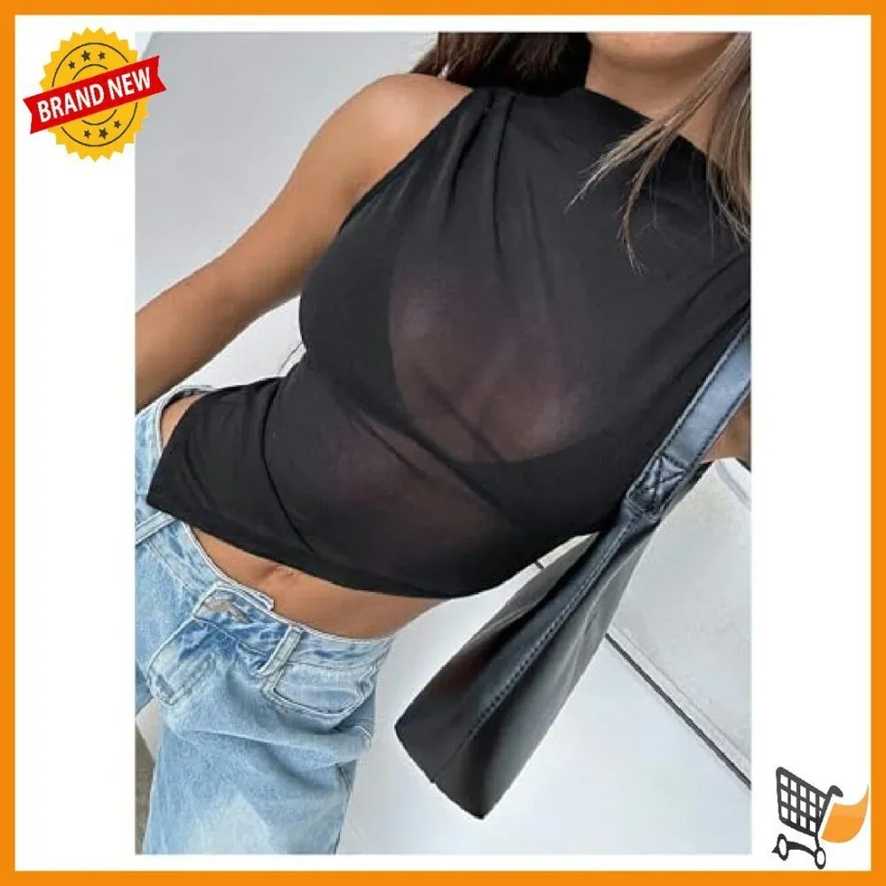 Sheer Mesh Mock Neck Tank Crop Top Asymmetrical Hem Sleeveless